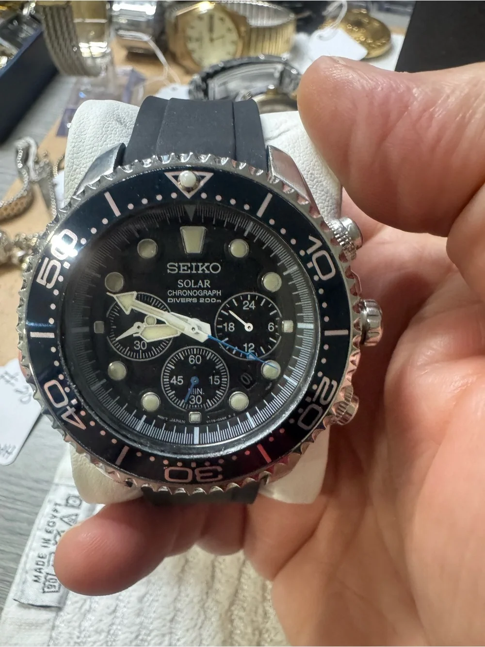 #190 Seiko Black and Silver Solar Chronograph Dive Watch